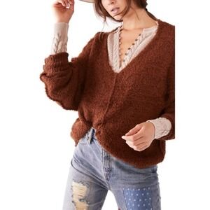 Free People Icing V-Neck Pullover Sweater Womens XS Brown Fuzzy Cozy Oversized